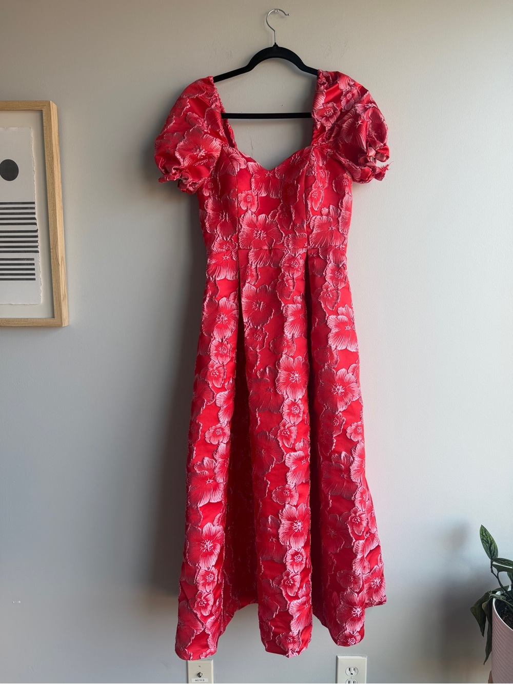 Unbranded Bright Red Floral Puff-Sleeve Midi Dress